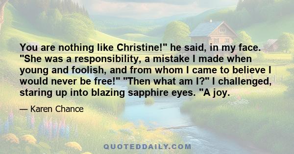 You are nothing like Christine! he said, in my face. She was a responsibility, a mistake I made when young and foolish, and from whom I came to believe I would never be free! Then what am I? I challenged, staring up