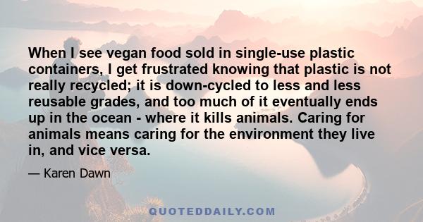 When I see vegan food sold in single-use plastic containers, I get frustrated knowing that plastic is not really recycled; it is down-cycled to less and less reusable grades, and too much of it eventually ends up in the 