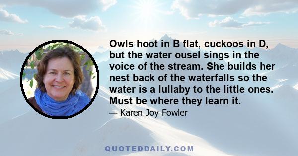 Owls hoot in B flat, cuckoos in D, but the water ousel sings in the voice of the stream. She builds her nest back of the waterfalls so the water is a lullaby to the little ones. Must be where they learn it.