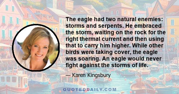 The eagle had two natural enemies: storms and serpents. He embraced the storm, waiting on the rock for the right thermal current and then using that to carry him higher. While other birds were taking cover, the eagle