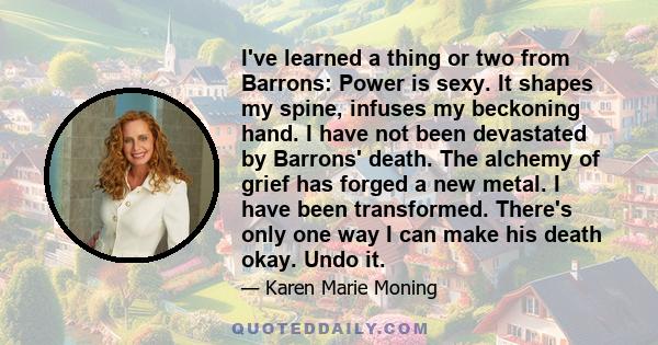 I've learned a thing or two from Barrons: Power is sexy. It shapes my spine, infuses my beckoning hand. I have not been devastated by Barrons' death. The alchemy of grief has forged a new metal. I have been transformed. 