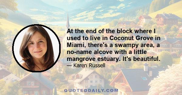 At the end of the block where I used to live in Coconut Grove in Miami, there's a swampy area, a no-name alcove with a little mangrove estuary. It's beautiful.