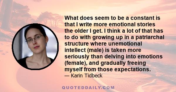 What does seem to be a constant is that I write more emotional stories the older I get. I think a lot of that has to do with growing up in a patriarchal structure where unemotional intellect (male) is taken more