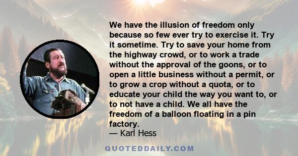 We have the illusion of freedom only because so few ever try to exercise it. Try it sometime. Try to save your home from the highway crowd, or to work a trade without the approval of the goons, or to open a little