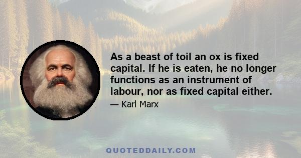 As a beast of toil an ox is fixed capital. If he is eaten, he no longer functions as an instrument of labour, nor as fixed capital either.