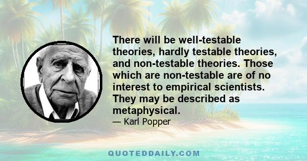 There will be well-testable theories, hardly testable theories, and non-testable theories. Those which are non-testable are of no interest to empirical scientists. They may be described as metaphysical.