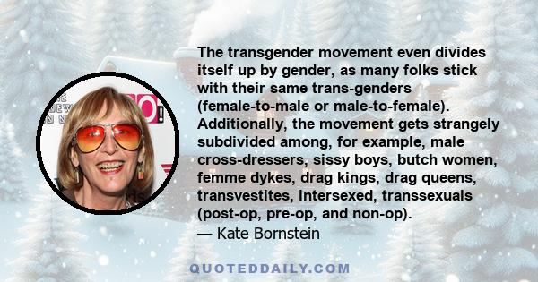 The transgender movement even divides itself up by gender, as many folks stick with their same trans-genders (female-to-male or male-to-female). Additionally, the movement gets strangely subdivided among, for example,