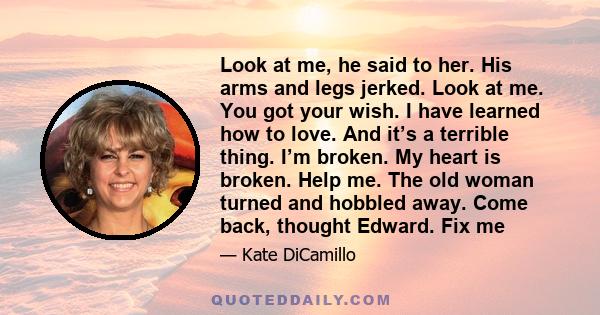 Look at me, he said to her. His arms and legs jerked. Look at me. You got your wish. I have learned how to love. And it’s a terrible thing. I’m broken. My heart is broken. Help me. The old woman turned and hobbled away. 