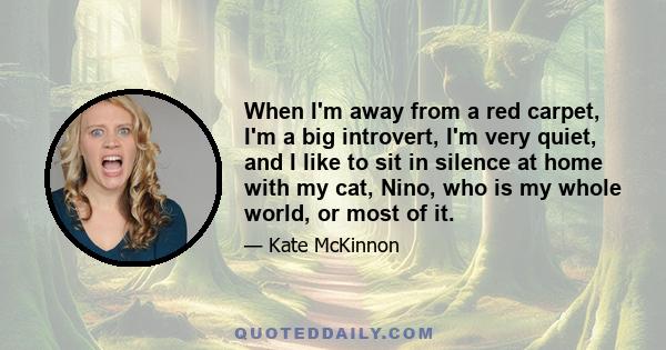 When I'm away from a red carpet, I'm a big introvert, I'm very quiet, and I like to sit in silence at home with my cat, Nino, who is my whole world, or most of it.