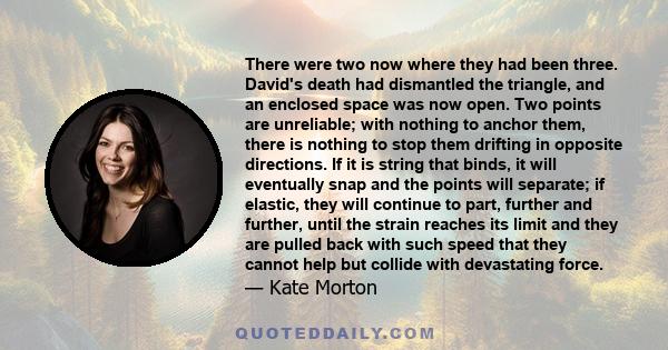 There were two now where they had been three. David's death had dismantled the triangle, and an enclosed space was now open. Two points are unreliable; with nothing to anchor them, there is nothing to stop them drifting 