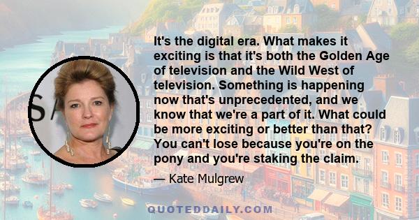 It's the digital era. What makes it exciting is that it's both the Golden Age of television and the Wild West of television. Something is happening now that's unprecedented, and we know that we're a part of it. What