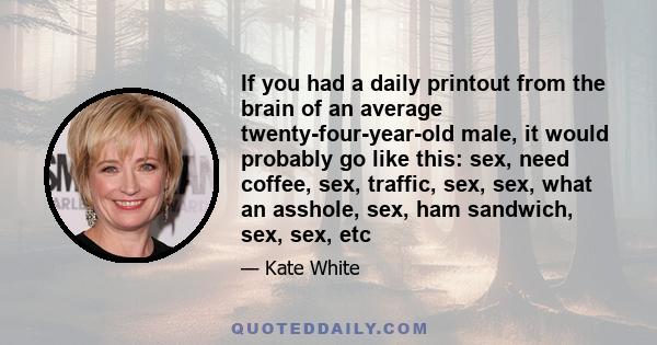 If you had a daily printout from the brain of an average twenty-four-year-old male, it would probably go like this: sex, need coffee, sex, traffic, sex, sex, what an asshole, sex, ham sandwich, sex, sex, etc