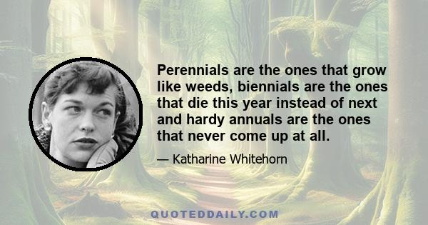 Perennials are the ones that grow like weeds, biennials are the ones that die this year instead of next and hardy annuals are the ones that never come up at all.