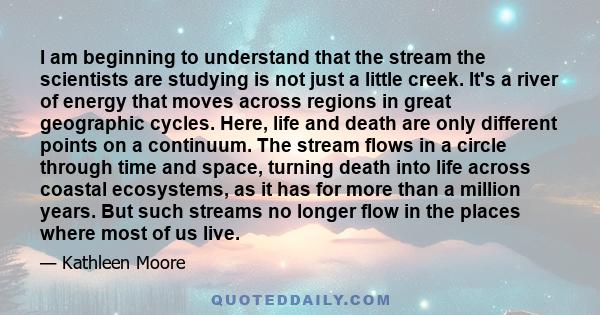 I am beginning to understand that the stream the scientists are studying is not just a little creek. It's a river of energy that moves across regions in great geographic cycles. Here, life and death are only different