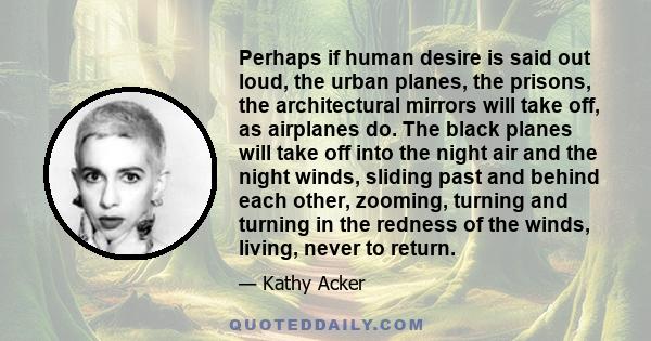 Perhaps if human desire is said out loud, the urban planes, the prisons, the architectural mirrors will take off, as airplanes do. The black planes will take off into the night air and the night winds, sliding past and