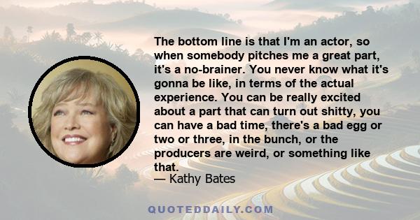 The bottom line is that I'm an actor, so when somebody pitches me a great part, it's a no-brainer. You never know what it's gonna be like, in terms of the actual experience. You can be really excited about a part that