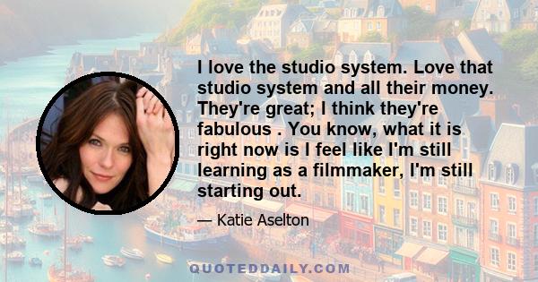 I love the studio system. Love that studio system and all their money. They're great; I think they're fabulous . You know, what it is right now is I feel like I'm still learning as a filmmaker, I'm still starting out.