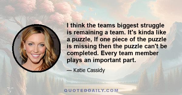 I think the teams biggest struggle is remaining a team. It's kinda like a puzzle, If one piece of the puzzle is missing then the puzzle can't be completed. Every team member plays an important part.