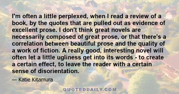 I'm often a little perplexed, when I read a review of a book, by the quotes that are pulled out as evidence of excellent prose. I don't think great novels are necessarily composed of great prose, or that there's a