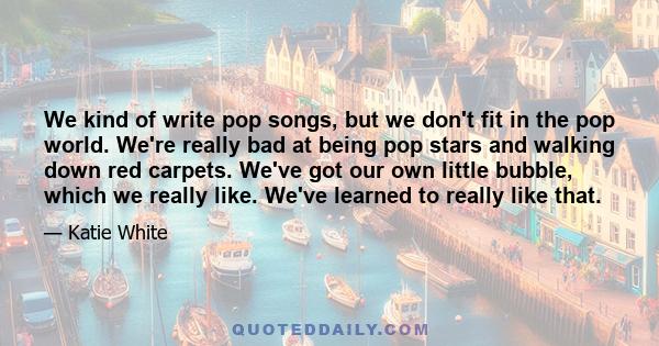 We kind of write pop songs, but we don't fit in the pop world. We're really bad at being pop stars and walking down red carpets. We've got our own little bubble, which we really like. We've learned to really like that.