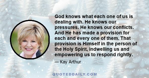 God knows what each one of us is dealing with. He knows our pressures. He knows our conflicts. And He has made a provision for each and every one of them. That provision is Himself in the person of the Holy Spirit,