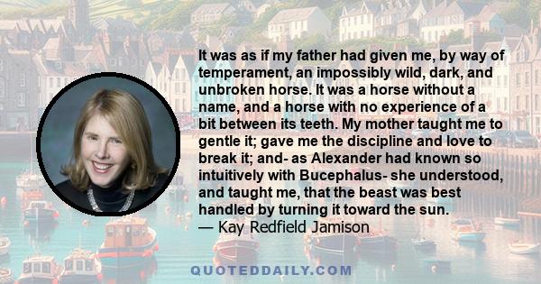 It was as if my father had given me, by way of temperament, an impossibly wild, dark, and unbroken horse. It was a horse without a name, and a horse with no experience of a bit between its teeth. My mother taught me to