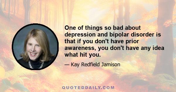 One of things so bad about depression and bipolar disorder is that if you don't have prior awareness, you don't have any idea what hit you.