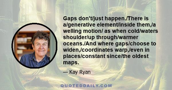 Gaps don't/just happen./There is a/generative element/inside them,/a welling motion/ as when cold/waters shoulder/up through/warmer oceans./And where gaps/choose to widen,/coordinates warp,/even in places/constant