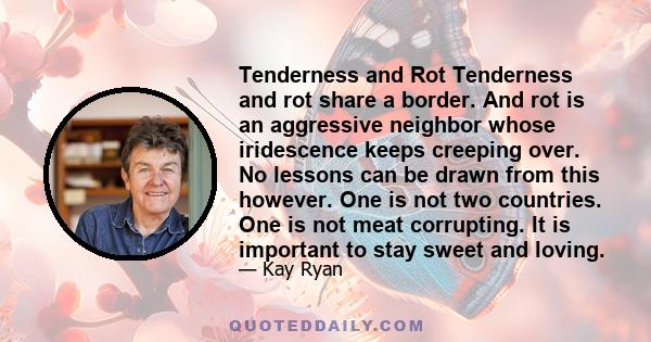 Tenderness and Rot Tenderness and rot share a border. And rot is an aggressive neighbor whose iridescence keeps creeping over. No lessons can be drawn from this however. One is not two countries. One is not meat