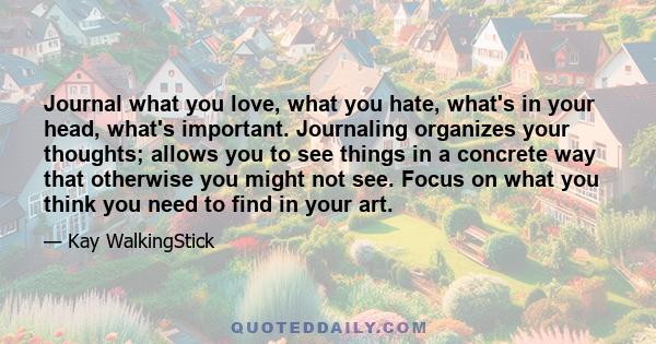 Journal what you love, what you hate, what's in your head, what's important. Journaling organizes your thoughts; allows you to see things in a concrete way that otherwise you might not see. Focus on what you think you