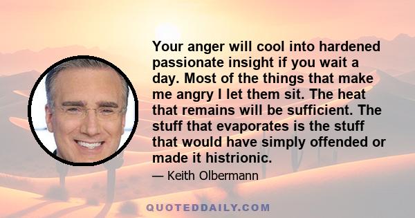 Your anger will cool into hardened passionate insight if you wait a day. Most of the things that make me angry I let them sit. The heat that remains will be sufficient. The stuff that evaporates is the stuff that would