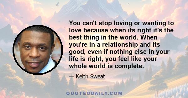 You can't stop loving or wanting to love because when its right it's the best thing in the world. When you're in a relationship and its good, even if nothing else in your life is right, you feel like your whole world is 