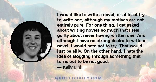 I would like to write a novel, or at least try to write one, although my motives are not entirely pure. For one thing, I get asked about writing novels so much that I feel guilty about never having written one. And