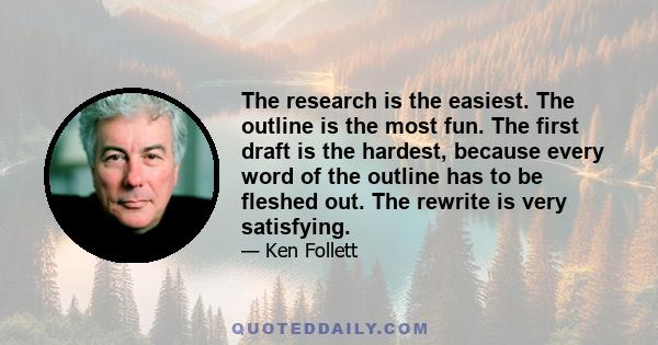 The research is the easiest. The outline is the most fun. The first draft is the hardest, because every word of the outline has to be fleshed out. The rewrite is very satisfying.