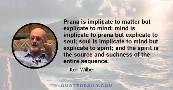 Prana is implicate to matter but explicate to mind; mind is implicate to prana but explicate to soul; soul is implicate to mind but explicate to spirit; and the spirit is the source and suchness of the entire sequence.