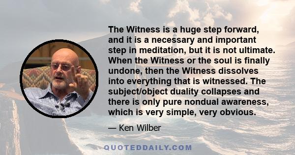 The Witness is a huge step forward, and it is a necessary and important step in meditation, but it is not ultimate. When the Witness or the soul is finally undone, then the Witness dissolves into everything that is