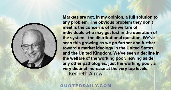 Markets are not, in my opinion, a full solution to any problem. The obvious problem they don't meet is the concerns of the welfare of individuals who may get lost in the operation of the system - the distributional