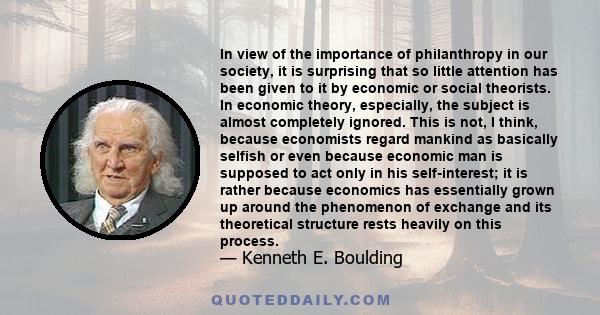 In view of the importance of philanthropy in our society, it is surprising that so little attention has been given to it by economic or social theorists. In economic theory, especially, the subject is almost completely