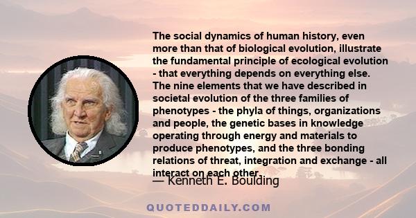 The social dynamics of human history, even more than that of biological evolution, illustrate the fundamental principle of ecological evolution - that everything depends on everything else. The nine elements that we