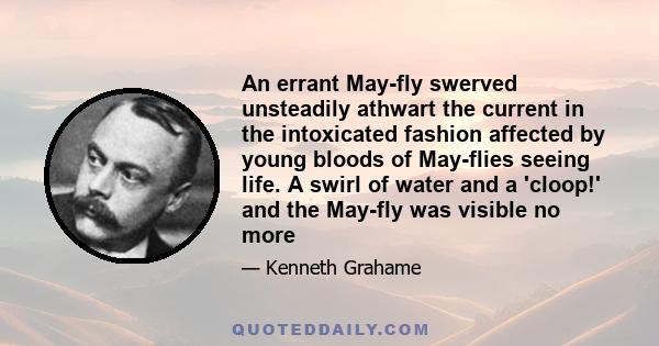 An errant May-fly swerved unsteadily athwart the current in the intoxicated fashion affected by young bloods of May-flies seeing life. A swirl of water and a 'cloop!' and the May-fly was visible no more