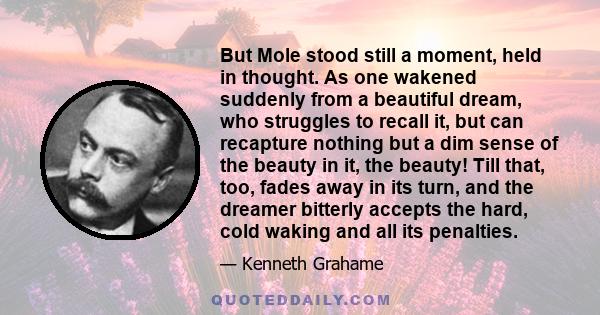 But Mole stood still a moment, held in thought. As one wakened suddenly from a beautiful dream, who struggles to recall it, but can recapture nothing but a dim sense of the beauty in it, the beauty! Till that, too,