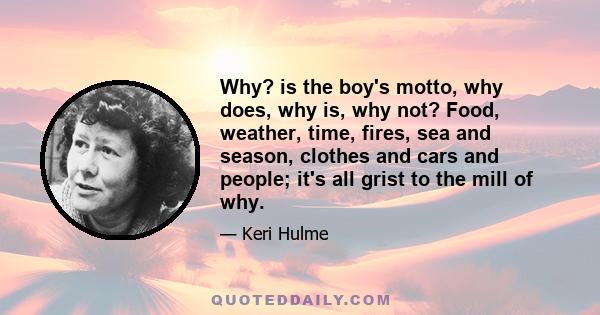 Why? is the boy's motto, why does, why is, why not? Food, weather, time, fires, sea and season, clothes and cars and people; it's all grist to the mill of why.