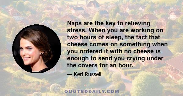 Naps are the key to relieving stress. When you are working on two hours of sleep, the fact that cheese comes on something when you ordered it with no cheese is enough to send you crying under the covers for an hour.