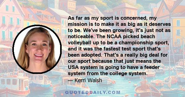 As far as my sport is concerned, my mission is to make it as big as it deserves to be. We've been growing, it's just not as noticeable. The NCAA picked beach volleyball up to be a championship sport, and it was the