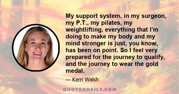 My support system, in my surgeon, my P.T., my pilates, my weightlifting, everything that I'm doing to make my body and my mind stronger is just, you know, has been on point. So I feel very prepared for the journey to