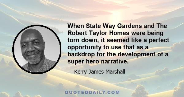 When State Way Gardens and The Robert Taylor Homes were being torn down, it seemed like a perfect opportunity to use that as a backdrop for the development of a super hero narrative.