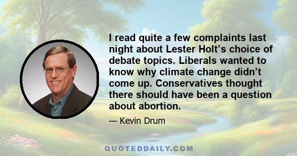 I read quite a few complaints last night about Lester Holt’s choice of debate topics. Liberals wanted to know why climate change didn’t come up. Conservatives thought there should have been a question about abortion.