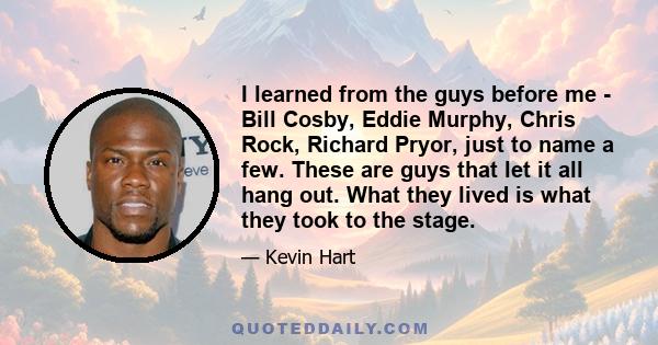 I learned from the guys before me - Bill Cosby, Eddie Murphy, Chris Rock, Richard Pryor, just to name a few. These are guys that let it all hang out. What they lived is what they took to the stage.