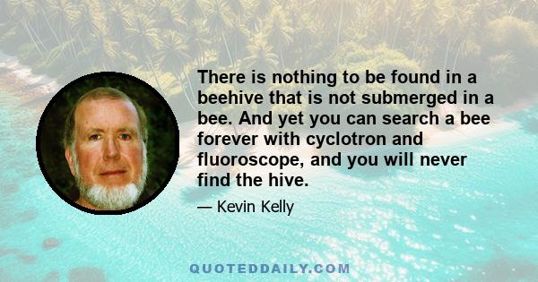 There is nothing to be found in a beehive that is not submerged in a bee. And yet you can search a bee forever with cyclotron and fluoroscope, and you will never find the hive.