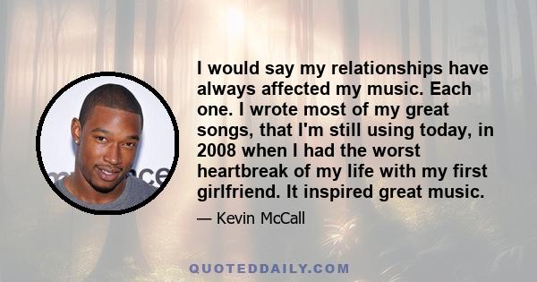 I would say my relationships have always affected my music. Each one. I wrote most of my great songs, that I'm still using today, in 2008 when I had the worst heartbreak of my life with my first girlfriend. It inspired